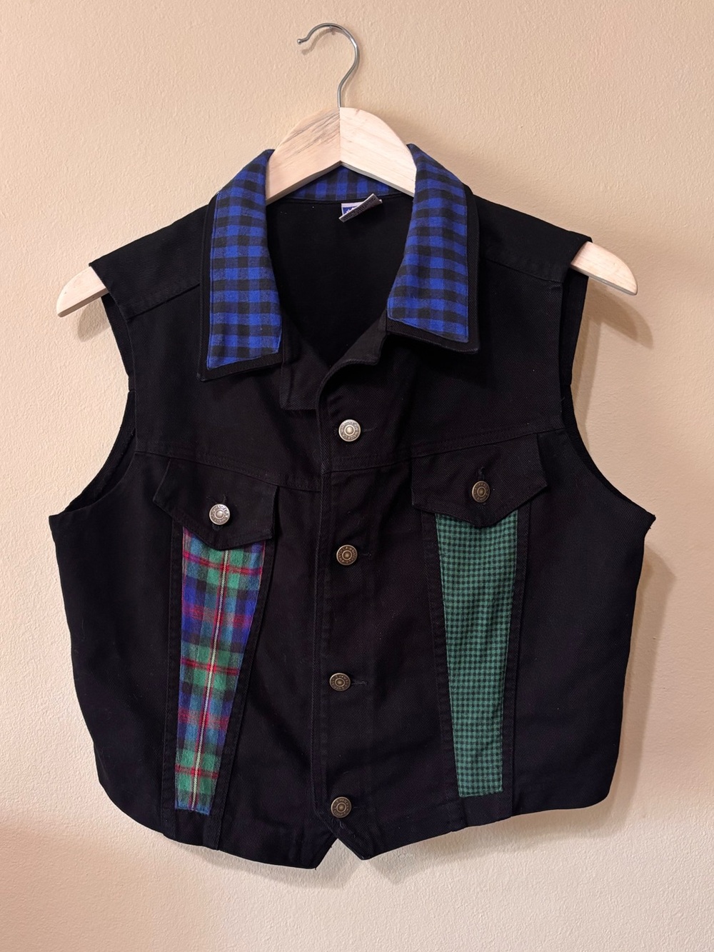Vintage Watch LA 1990s Black Denim Vest with Blue, Green, and Red Plaid Accents